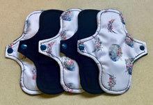 Load image into Gallery viewer, organic flannel top menstrual pads organic fleece absorbent core reusable cloth pads liners moderate heavy flow priced per pad