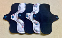 Load image into Gallery viewer, organic flannel top menstrual pads organic fleece absorbent core reusable cloth pads liners moderate heavy flow priced per pad