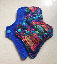 Load image into Gallery viewer, Thong Pantyliner 7” Blue/Rainbow Feathers